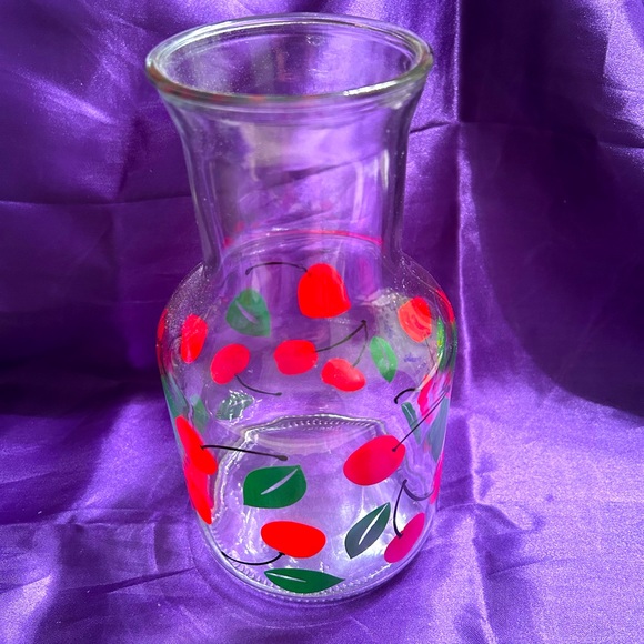 Vintage Dining Vtg Glass Cherry Print Juice Jar Missing Lid Made In